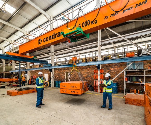 Typical single-girder overhead crane under test in Condra’s Johannesburg factory