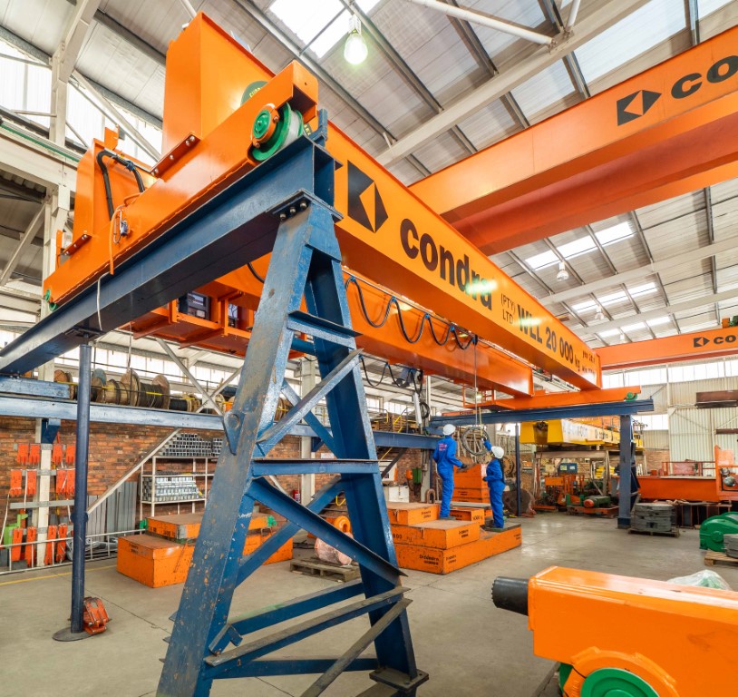 Typical double-girder overhead crane under manufacture in Condra’s Germiston factory.